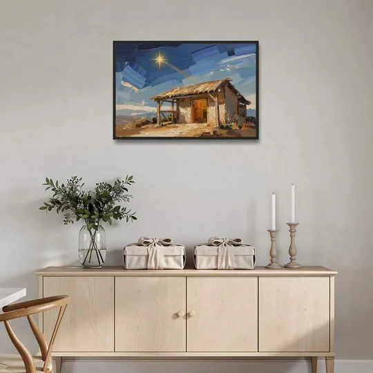 Nativity Scene Painting with Golden Doorway - Black Framed Canvas Wall Art - Coffee Table - 36x24