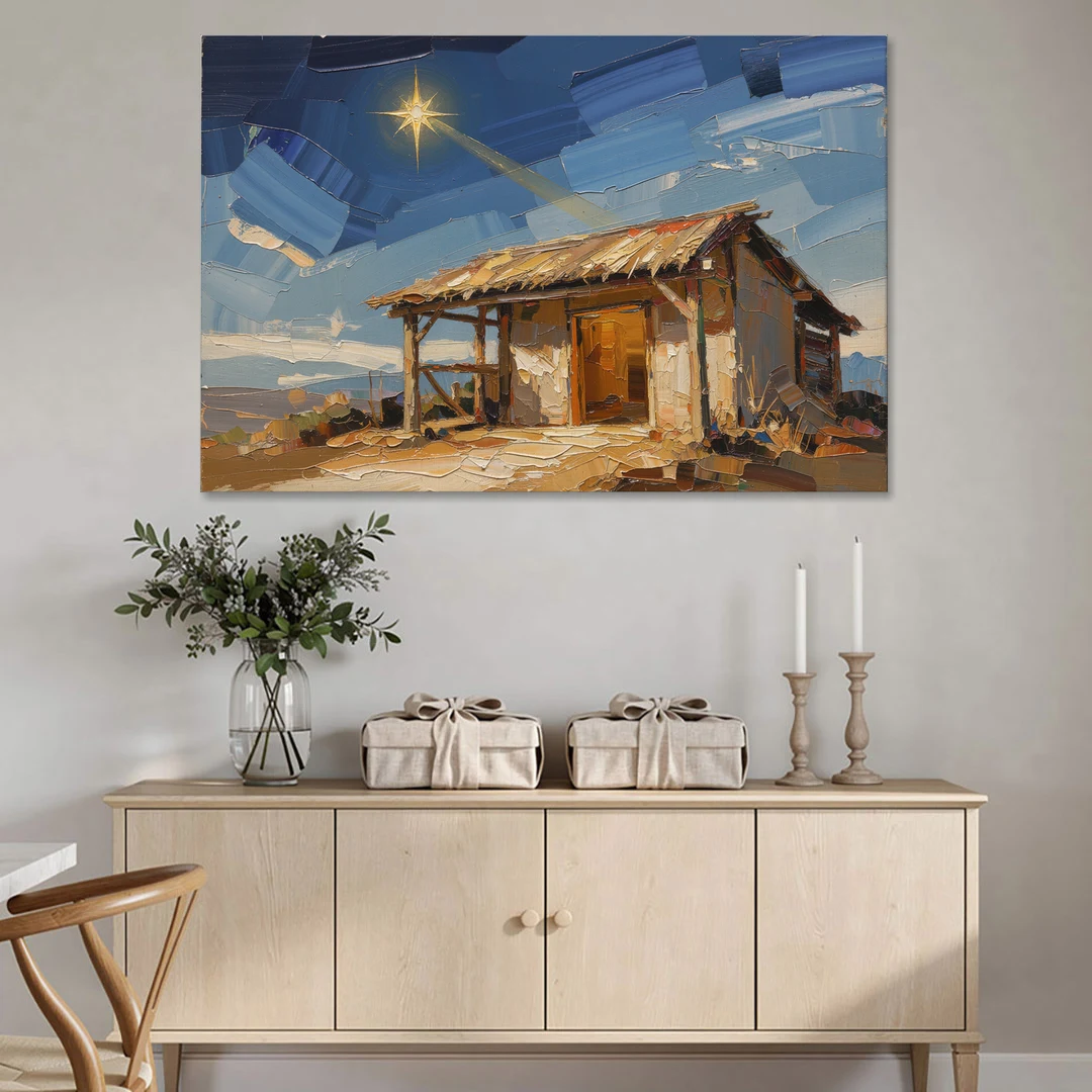 Nativity Scene Painting with Golden Doorway - Canvas Wall Art - Coffee Table - 60x40