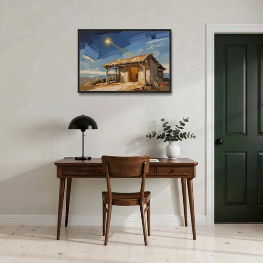 Nativity Scene Painting with Golden Doorway - Black Framed Canvas Wall Art - Office - 36x24