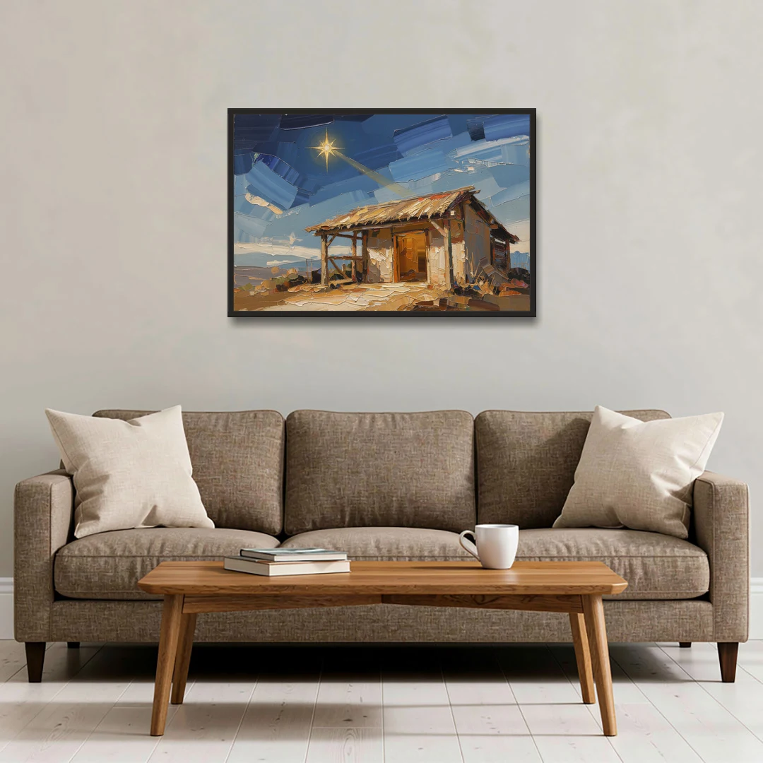 Nativity Scene Painting with Golden Doorway - Black Framed Canvas Wall Art - Sofa - 36x24
