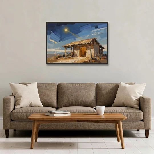 Nativity Scene Painting with Golden Doorway - Black Framed Canvas Wall Art - Sofa - 36x24