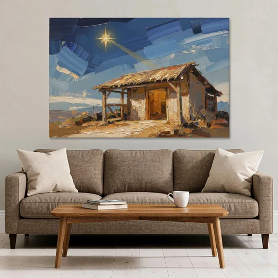 Nativity Scene Painting with Golden Doorway - Canvas Wall Art - Sofa - 60x40