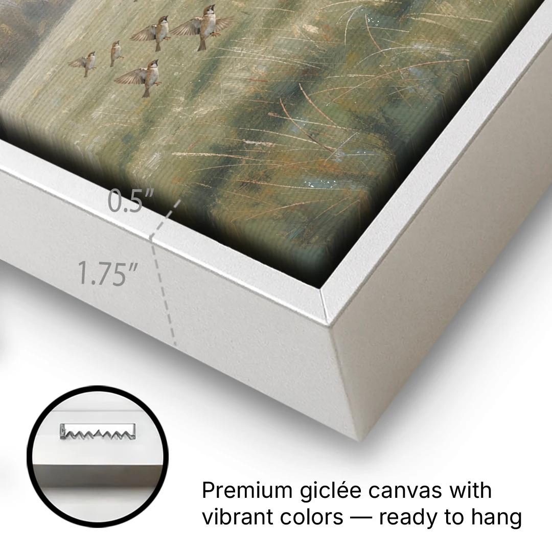 Nature Wall Decor with Sparrows Over a Summer Field - White Framed Canvas Wall Art - Gallery Wrap Corner