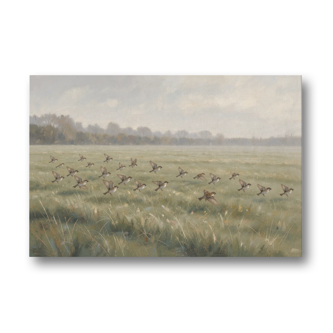 Nature Wall Decor with Sparrows Over a Summer Field - Canvas Wall Art - Front