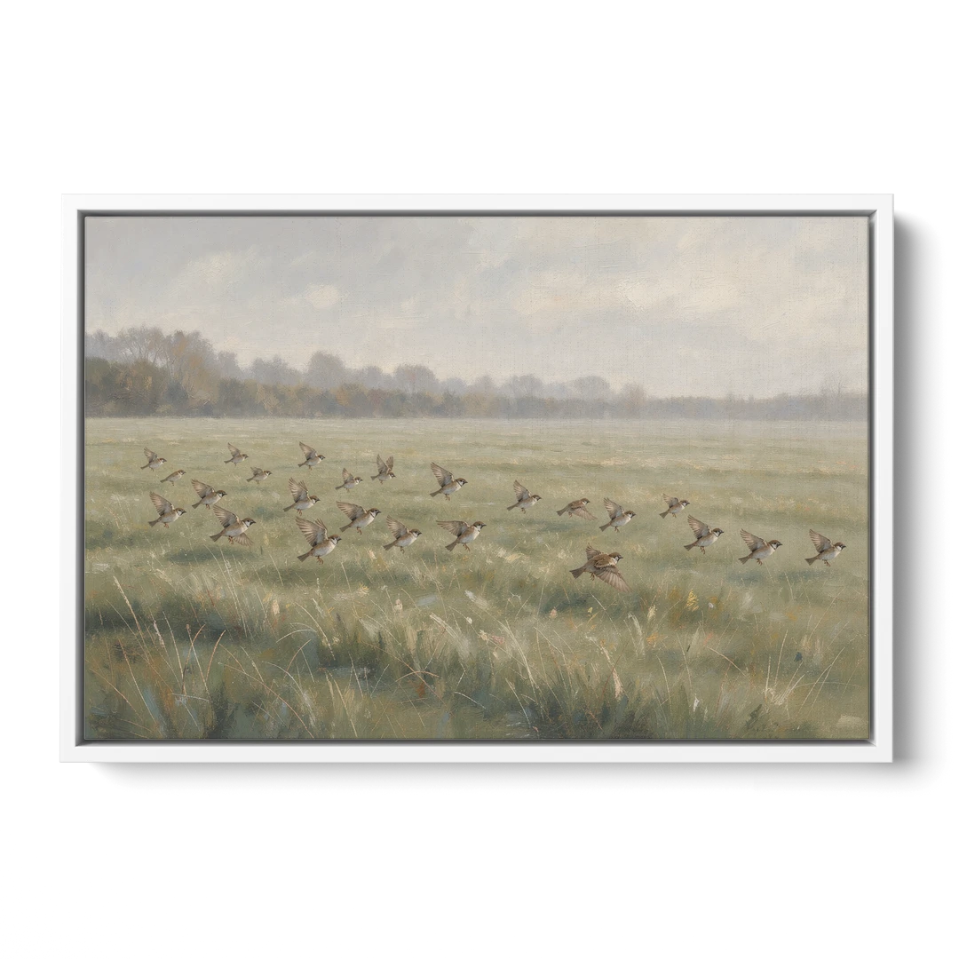 Nature Wall Decor with Sparrows Over a Summer Field - White Framed Canvas Wall Art - Front