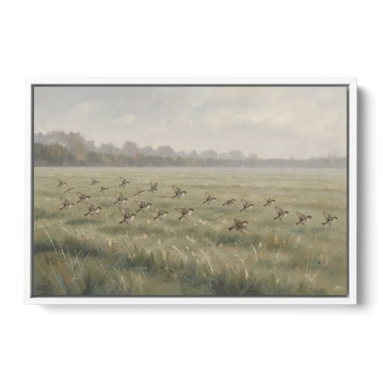 Nature Wall Decor with Sparrows Over a Summer Field - White Framed Canvas Wall Art - Front