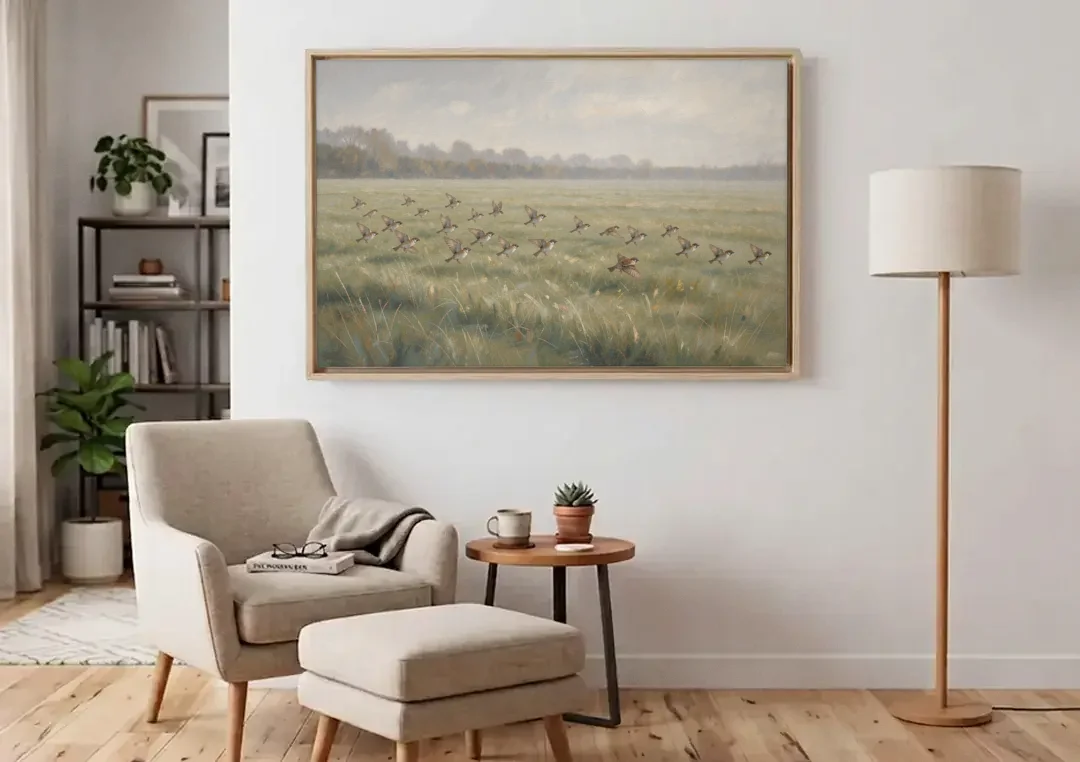 Nature Wall Decor with Sparrows Over a Summer Field canvas wall art above an armchair in a bright living room
