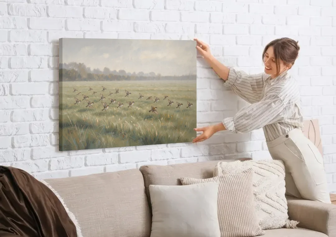 Nature Wall Decor with Sparrows Over a Summer Field canvas wall art being hung on a white brick wall above a sofa