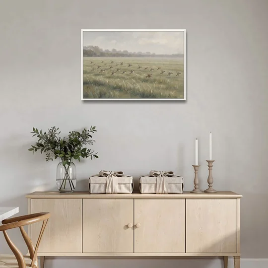 Nature Wall Decor with Sparrows Over a Summer Field - White Framed Canvas Wall Art - Coffee Table - 36x24
