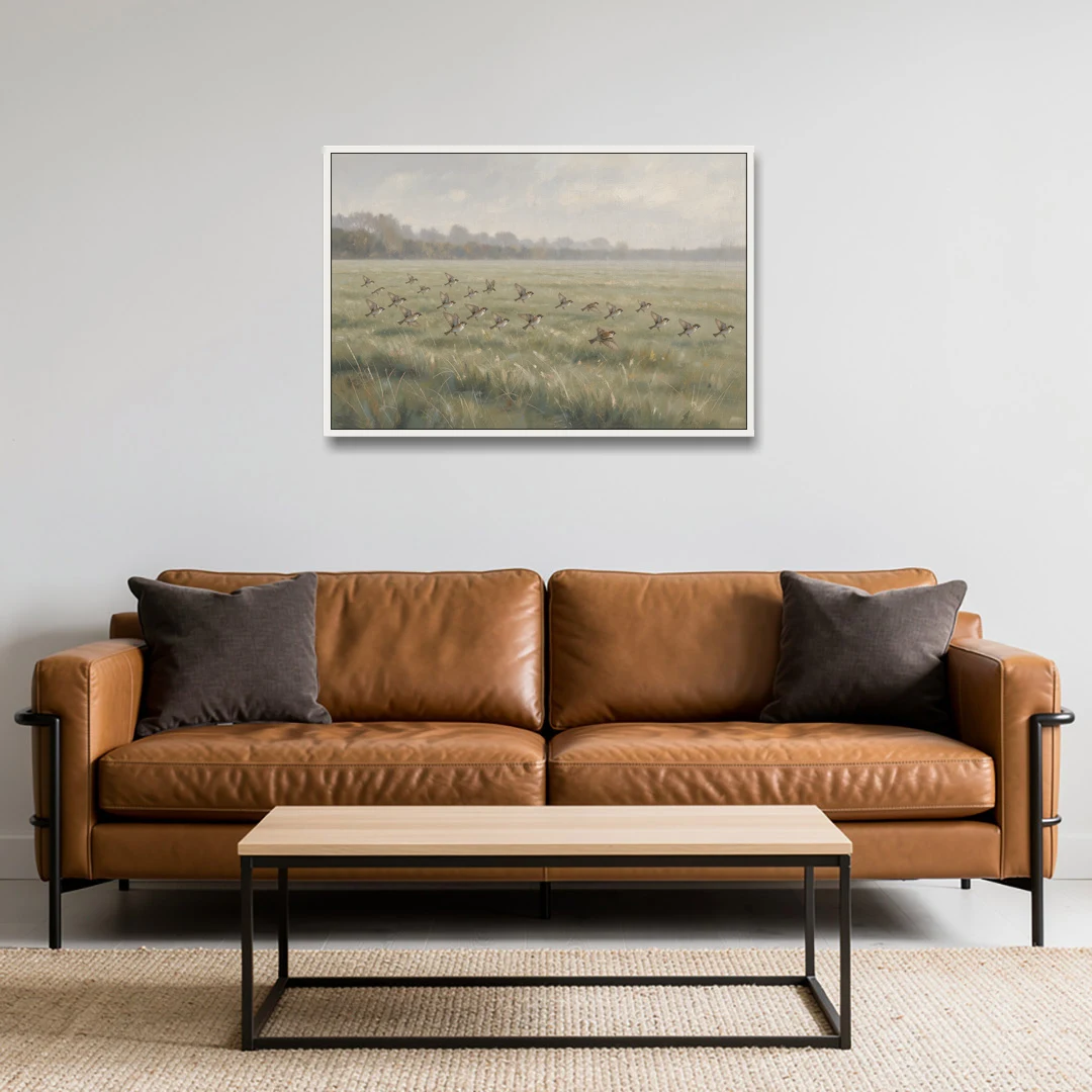 Nature Wall Decor with Sparrows Over a Summer Field - White Framed Canvas Wall Art - Sofa - 36x24