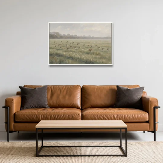 Nature Wall Decor with Sparrows Over a Summer Field - White Framed Canvas Wall Art - Sofa - 36x24