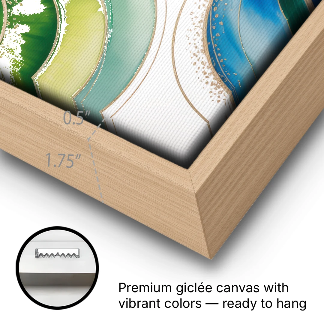 Natures Fluid Symphony Blue and Green Abstract - Oak Framed Canvas Wall Art - Gallery Wrap Corner
