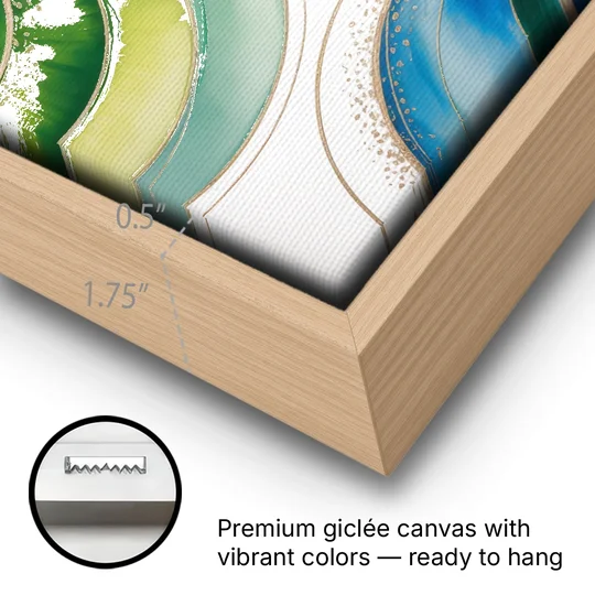 Natures Fluid Symphony Blue and Green Abstract - Oak Framed Canvas Wall Art - Gallery Wrap Corner