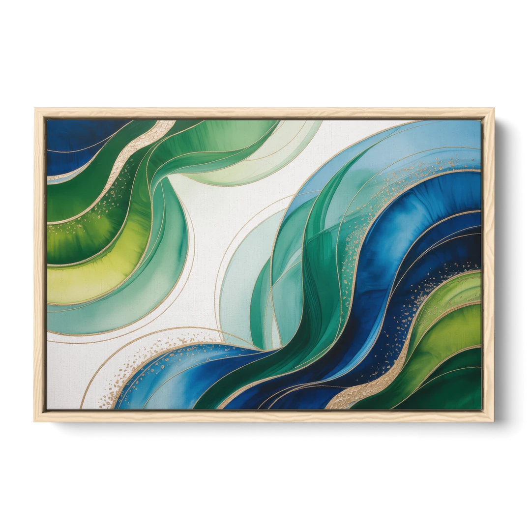 Natures Fluid Symphony Blue and Green Abstract - Oak Framed Canvas Wall Art - Front