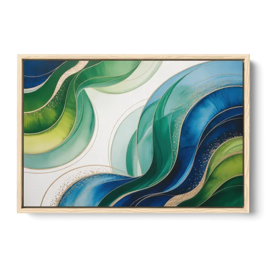 Natures Fluid Symphony Blue and Green Abstract - Oak Framed Canvas Wall Art - Front