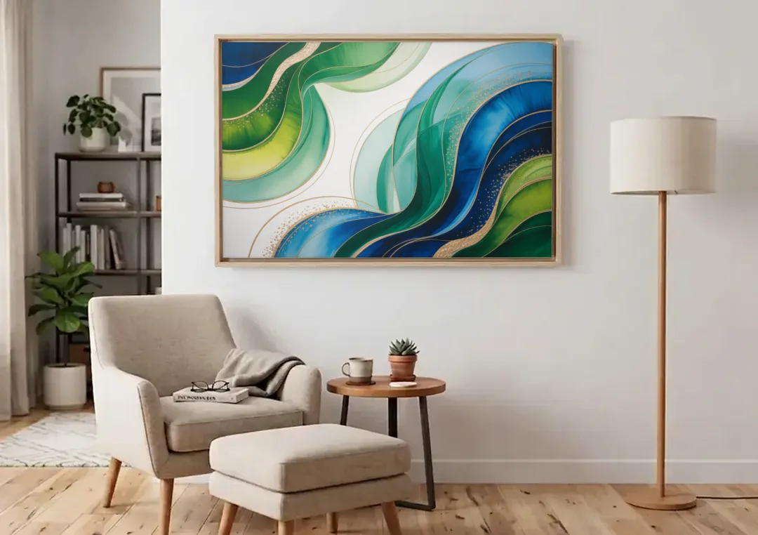 Natures Fluid Symphony Blue and Green Abstract canvas wall art above an armchair in a bright living room