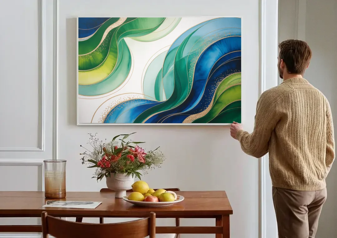 Natures Fluid Symphony Blue and Green Abstract canvas wall art above a dining table