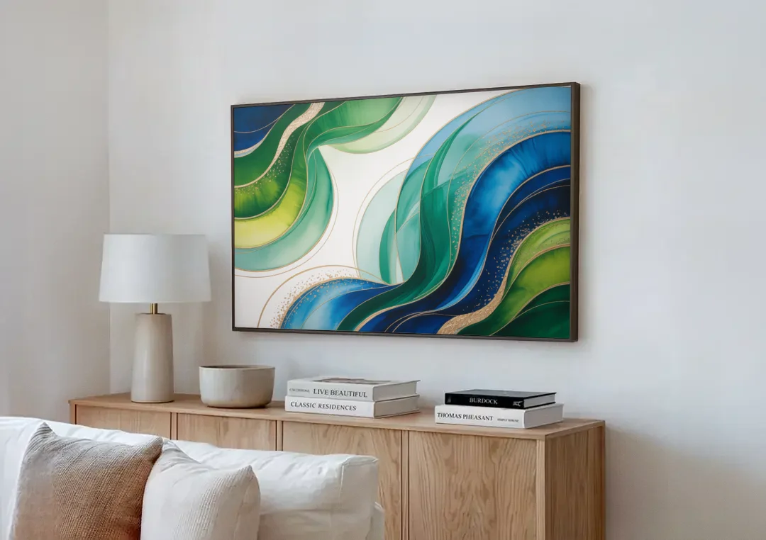 Natures Fluid Symphony Blue and Green Abstract canvas wall art above a wooden sideboard next to a sofa