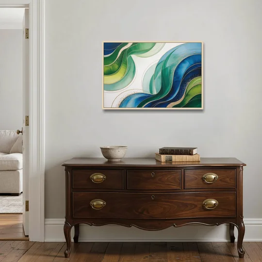 Natures Fluid Symphony Blue and Green Abstract - Oak Framed Canvas Wall Art - Coffee Table - 36x24