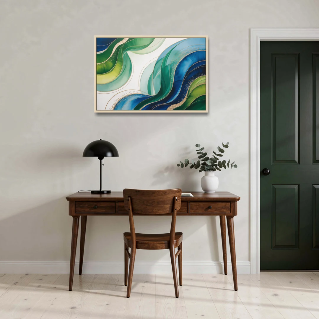 Natures Fluid Symphony Blue and Green Abstract - Oak Framed Canvas Wall Art - Office - 36x24