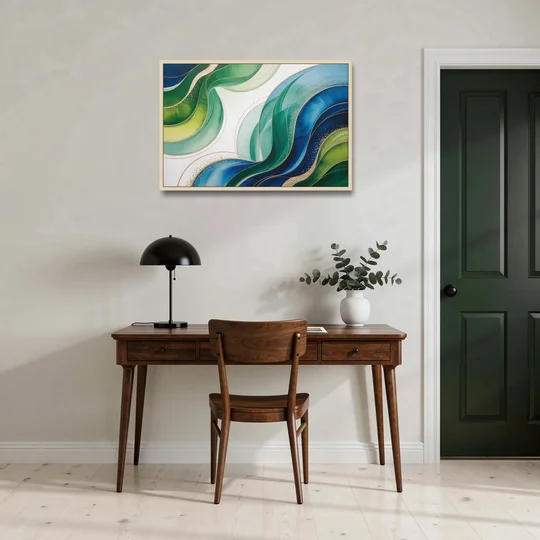 Natures Fluid Symphony Blue and Green Abstract - Oak Framed Canvas Wall Art - Office - 36x24