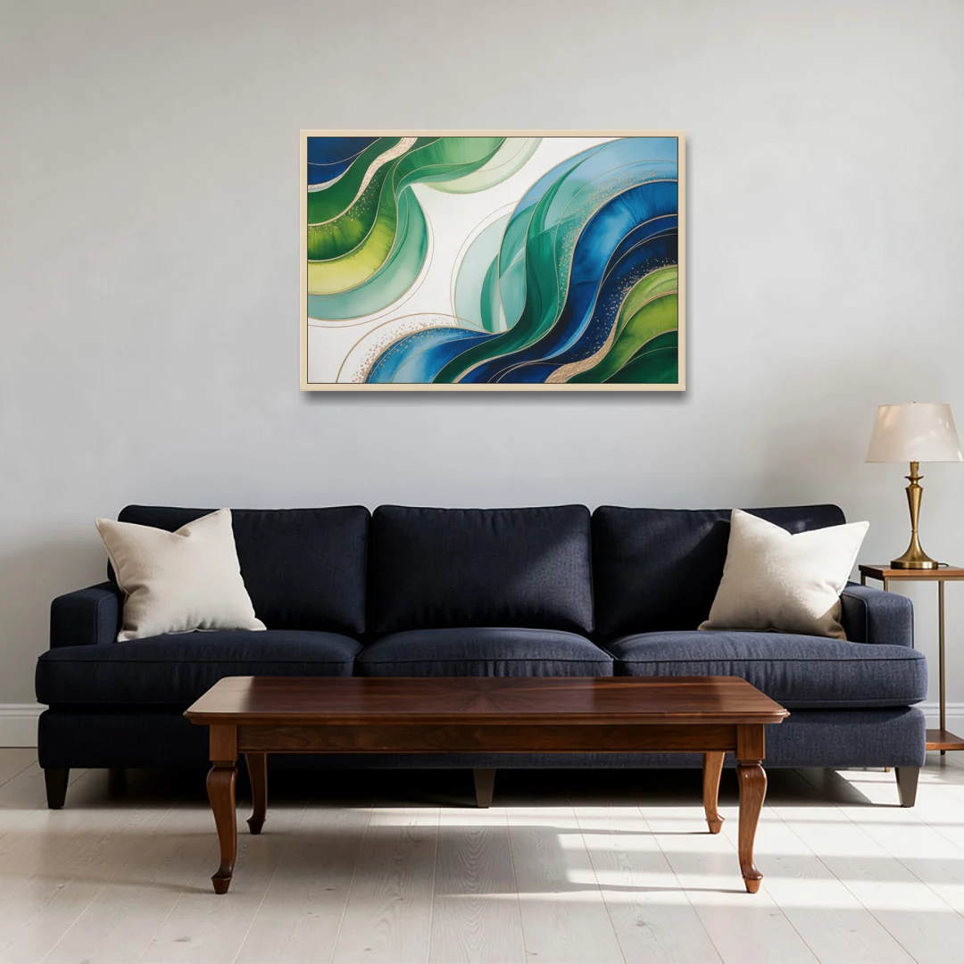 Natures Fluid Symphony Blue and Green Abstract - Oak Framed Canvas Wall Art - Sofa - 36x24