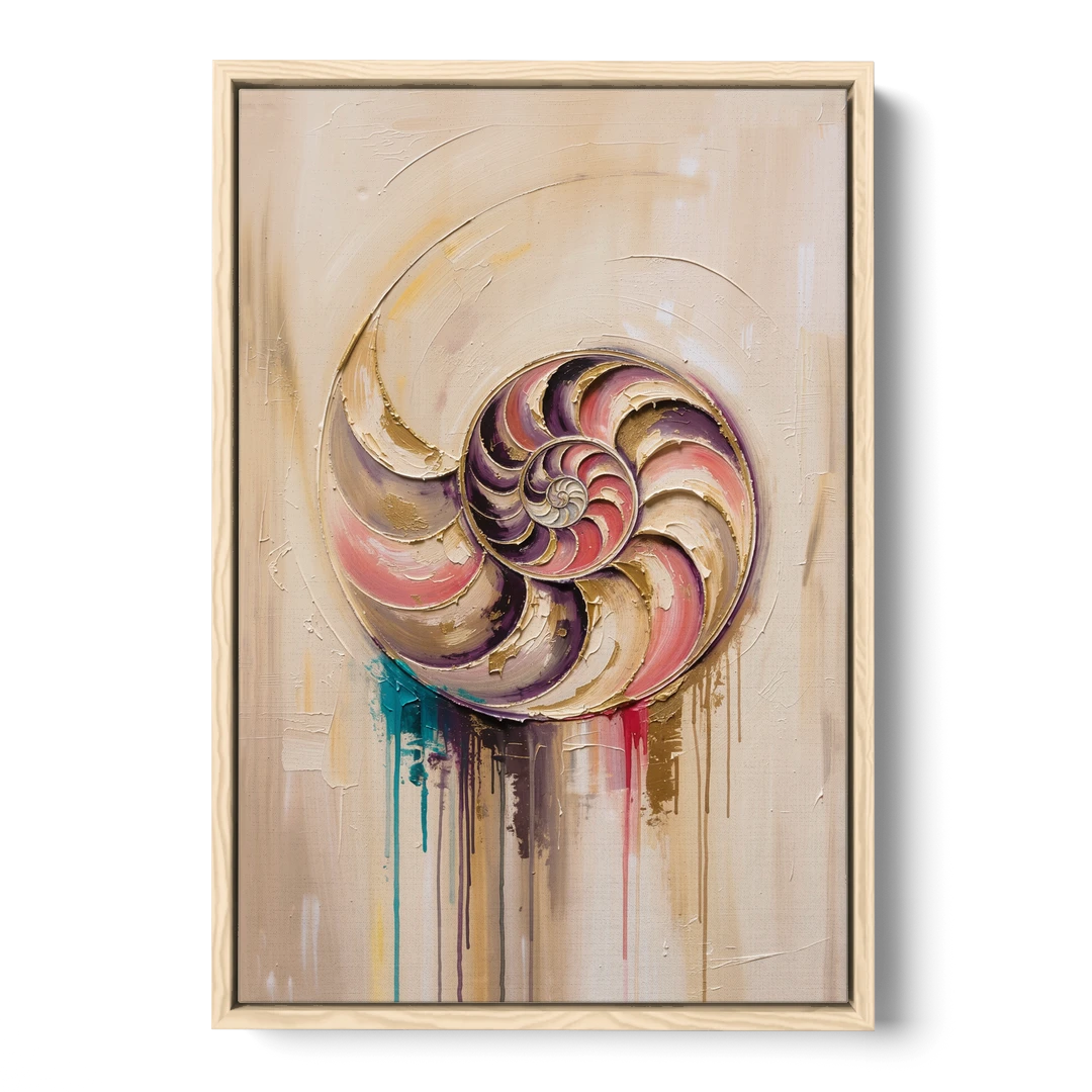 Nautilus Spiral in Blush and Gold - Oak Framed Canvas Wall Art - Front