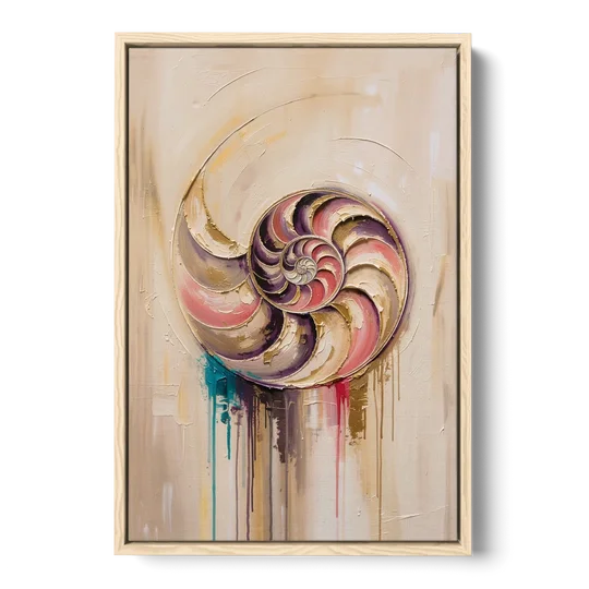 Nautilus Spiral in Blush and Gold - Oak Framed Canvas Wall Art - Front