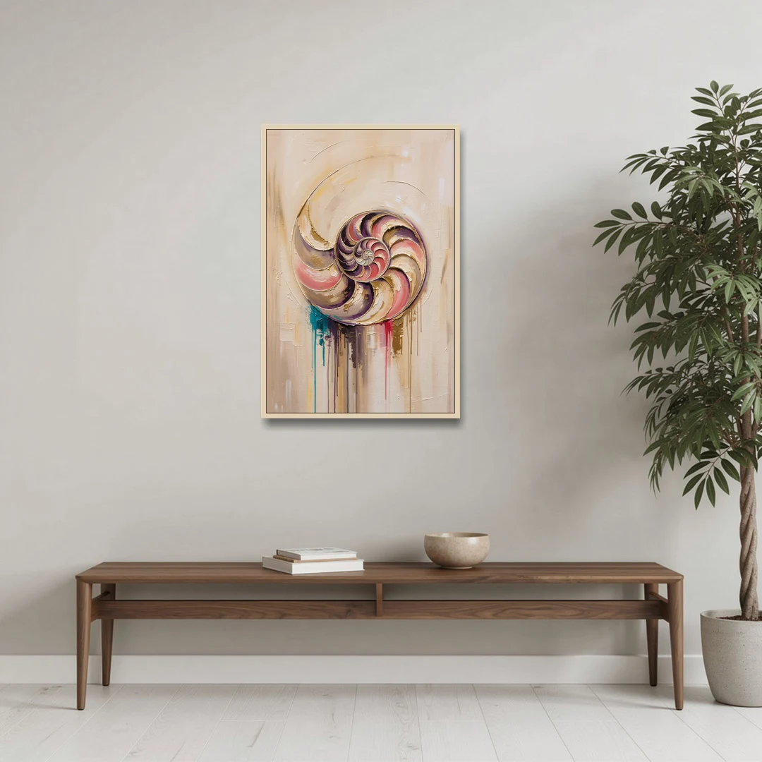 Nautilus Spiral in Blush and Gold - Oak Framed Canvas Wall Art - Coffee Table - 24x36