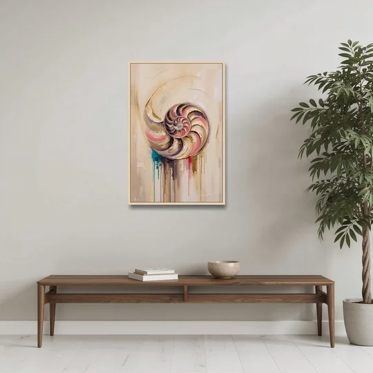 Nautilus Spiral in Blush and Gold - Oak Framed Canvas Wall Art - Coffee Table - 24x36