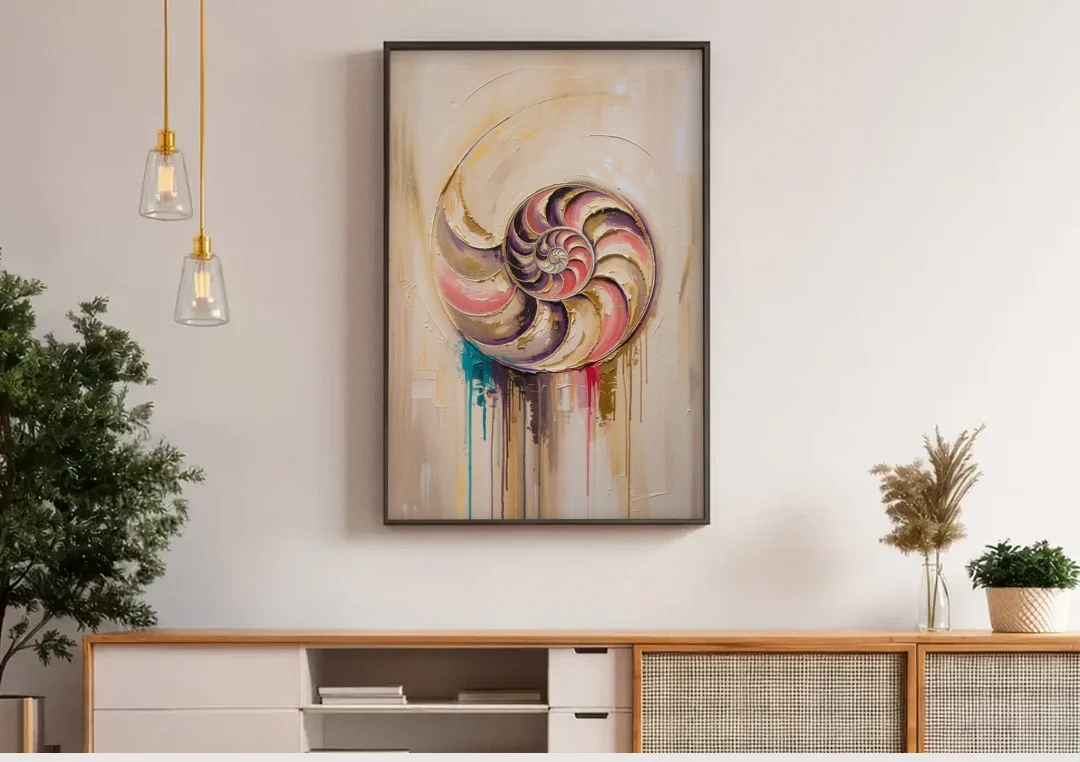 Nautilus Spiral in Blush and Gold canvas wall art above a wooden sideboard under pendant lights