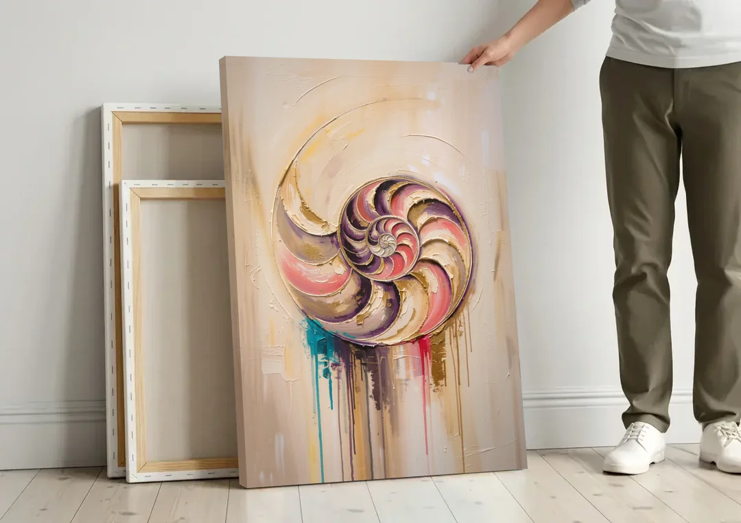 Nautilus Spiral in Blush and Gold canvas wall art leaning against a wall next to blank canvases