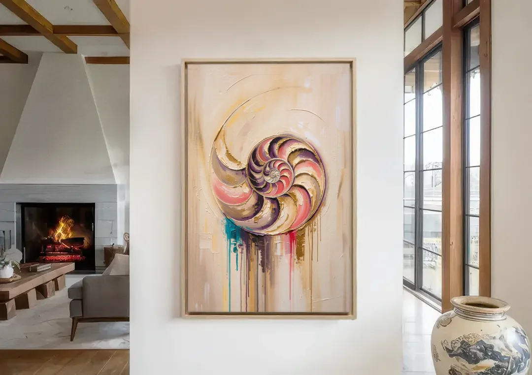 Nautilus Spiral in Blush and Gold canvas wall art in a living room with a fireplace