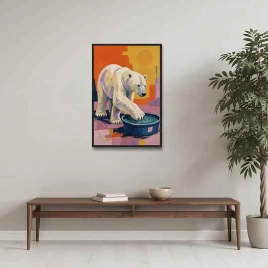 Navy Blue Bathroom Wall Art with Polar Bear Paw - Black Framed Canvas Wall Art - Coffee Table - 24x36