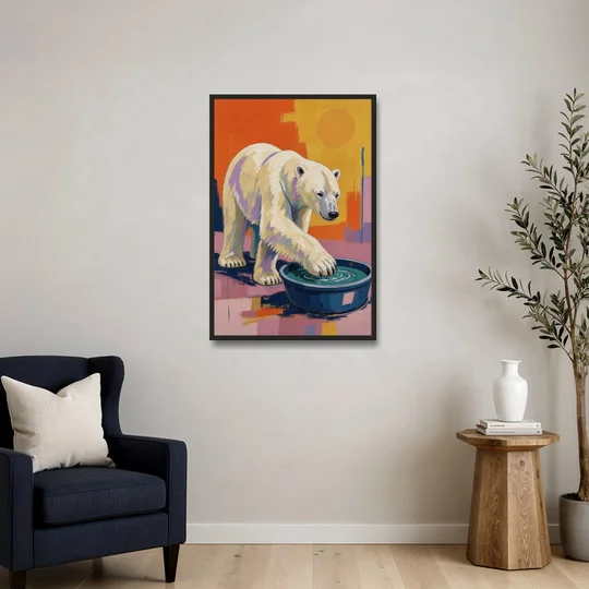 Navy Blue Bathroom Wall Art with Polar Bear Paw - Black Framed Canvas Wall Art - Sofa - 24x36