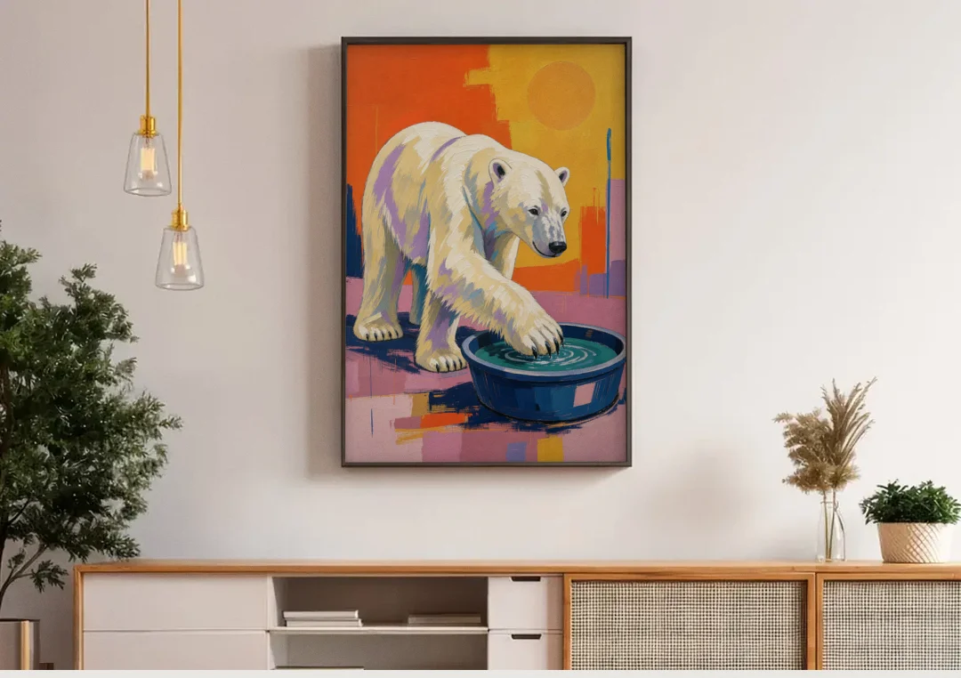 Navy Blue Bathroom Wall Art with Polar Bear Paw canvas wall art above a wooden sideboard under pendant lights