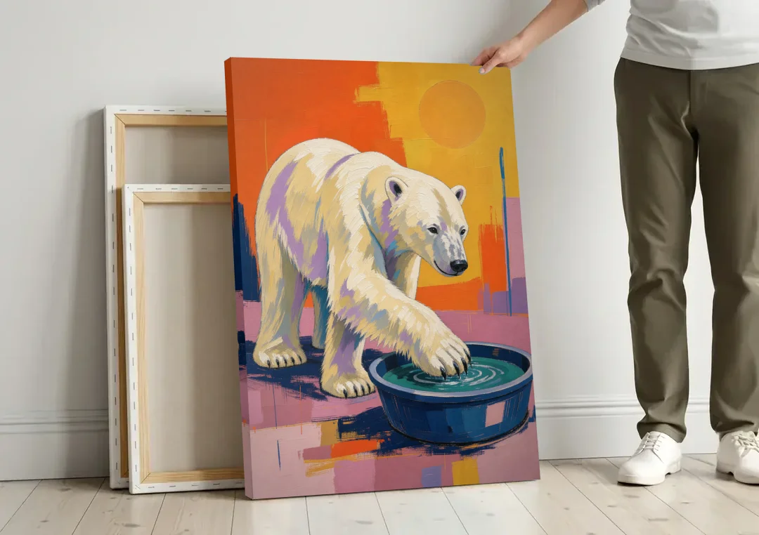 Navy Blue Bathroom Wall Art with Polar Bear Paw canvas wall art leaning against a wall next to blank canvases