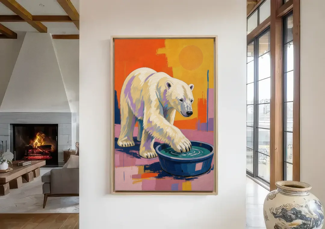 Navy Blue Bathroom Wall Art with Polar Bear Paw canvas wall art in a living room with a fireplace