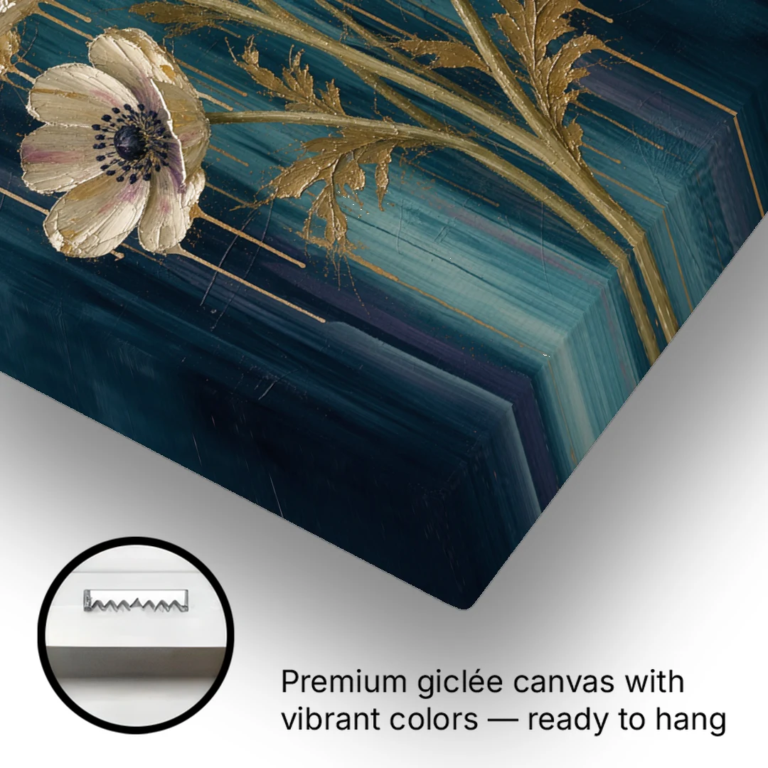 Navy Blue Floral Wall Art with White Anemones - Canvas Wall Art - Gallery Wrap Corner