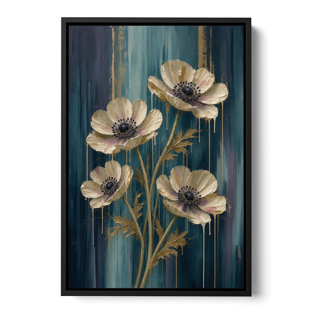 Navy Blue Floral Wall Art with White Anemones - Black Framed Canvas Wall Art - Front