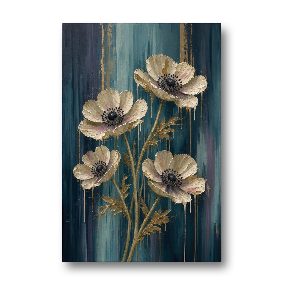Navy Blue Floral Wall Art with White Anemones - Canvas Wall Art - Front