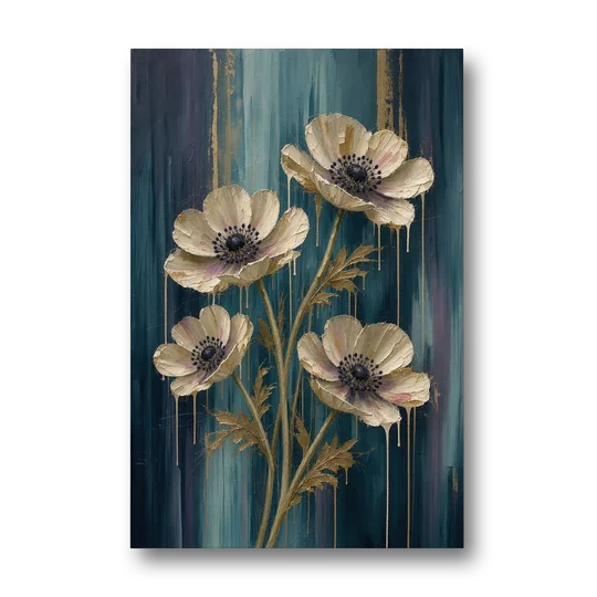 Navy Blue Floral Wall Art with White Anemones - Canvas Wall Art - Front