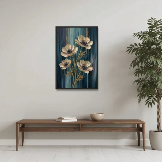 Navy Blue Floral Wall Art with White Anemones - Black Framed Canvas Wall Art - Coffee Table - 24x36