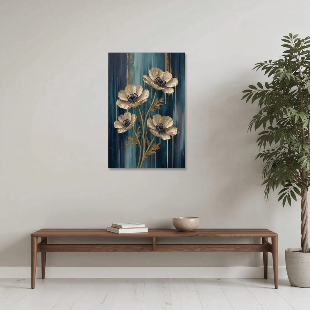 Navy Blue Floral Wall Art with White Anemones - Canvas Wall Art - Coffee Table - 24x36