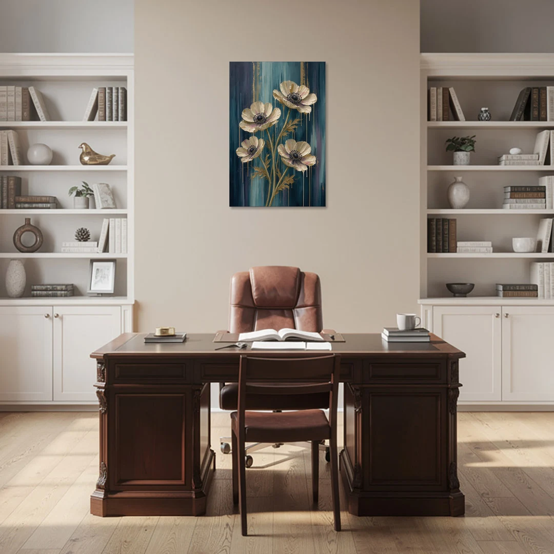 Navy Blue Floral Wall Art with White Anemones - Canvas Wall Art - Office - 24x36