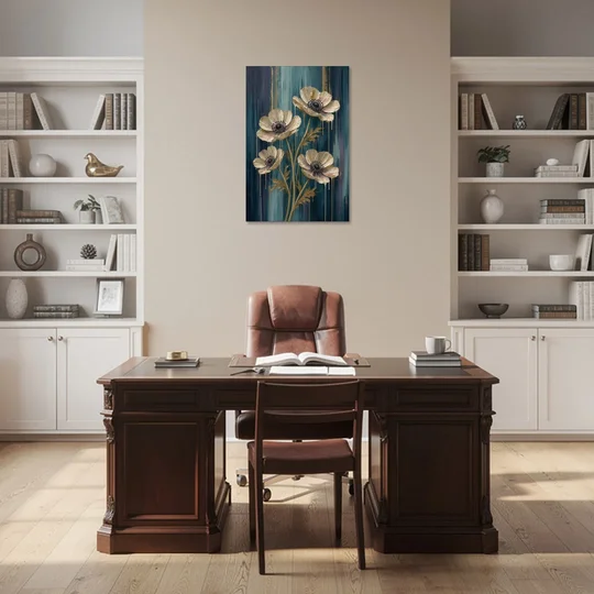 Navy Blue Floral Wall Art with White Anemones - Canvas Wall Art - Office - 24x36