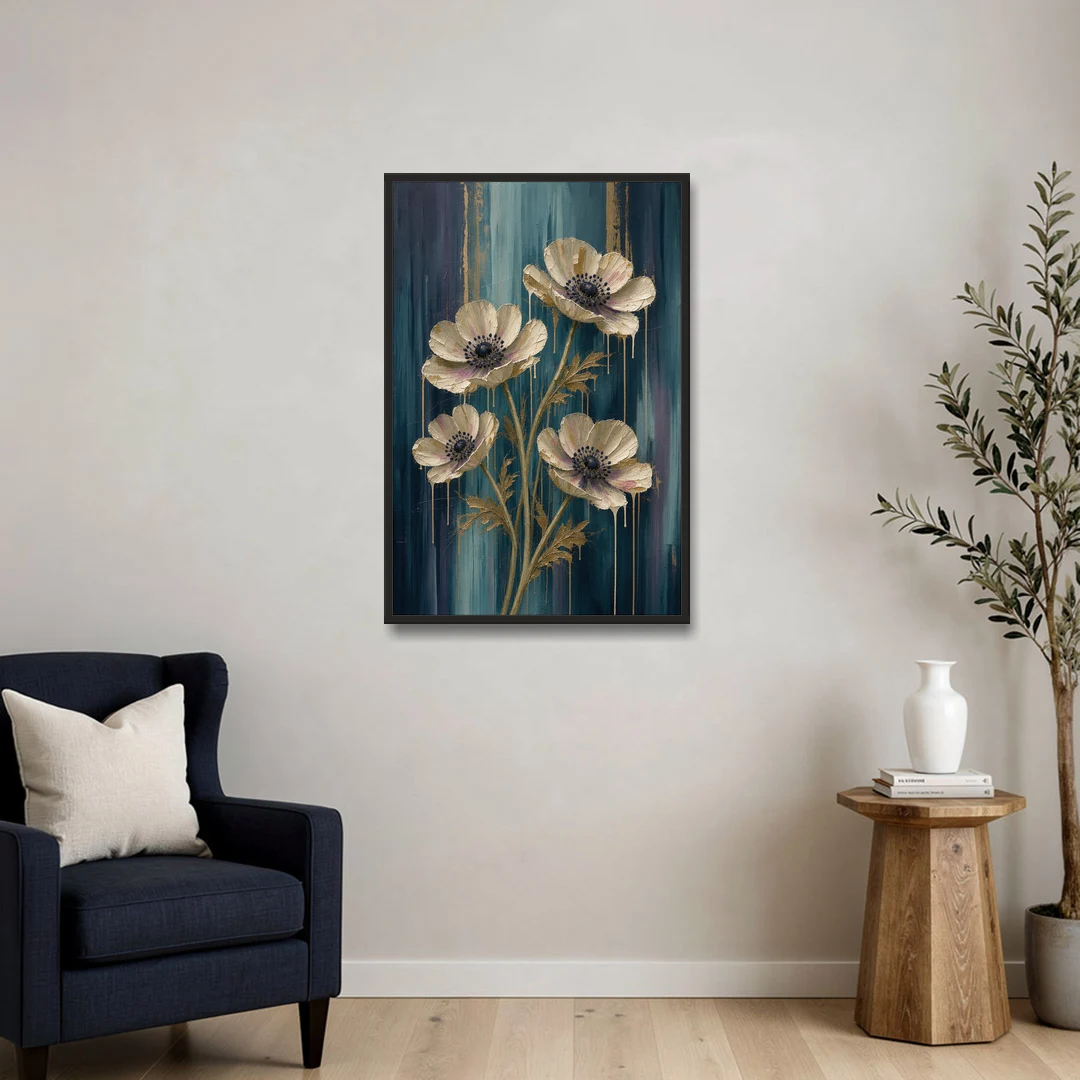 Navy Blue Floral Wall Art with White Anemones - Black Framed Canvas Wall Art - Sofa - 24x36