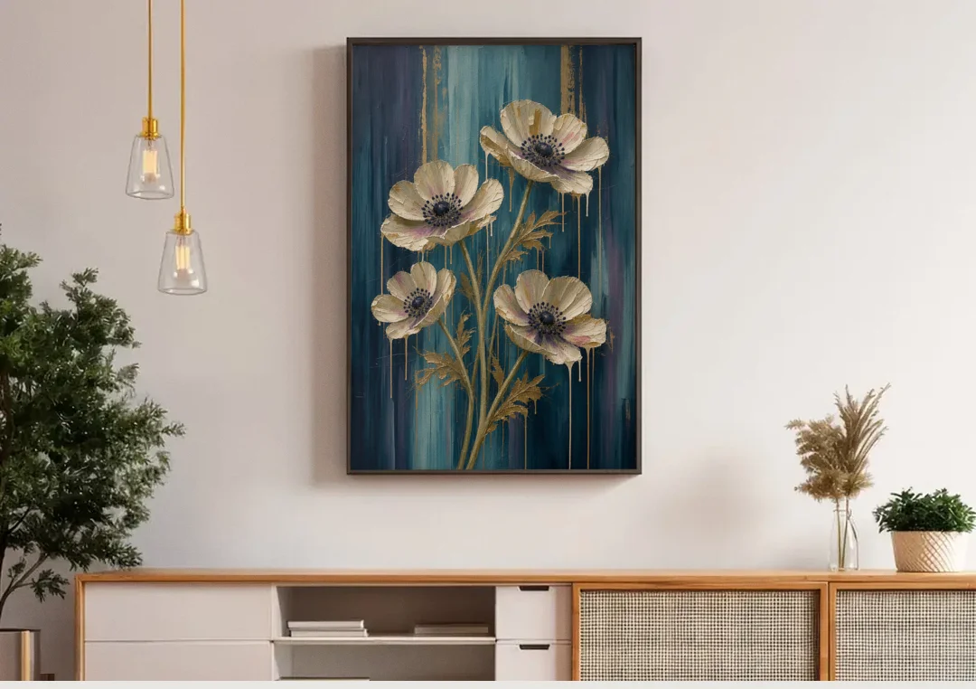Navy Blue Floral Wall Art with White Anemones canvas wall art above a wooden sideboard under pendant lights