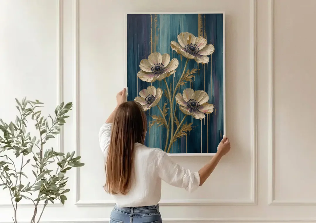 Navy Blue Floral Wall Art with White Anemones canvas wall art being hung on a paneled wall