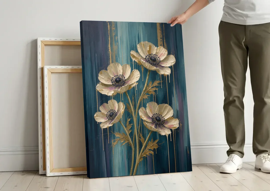 Navy Blue Floral Wall Art with White Anemones canvas wall art leaning against a wall next to blank canvases